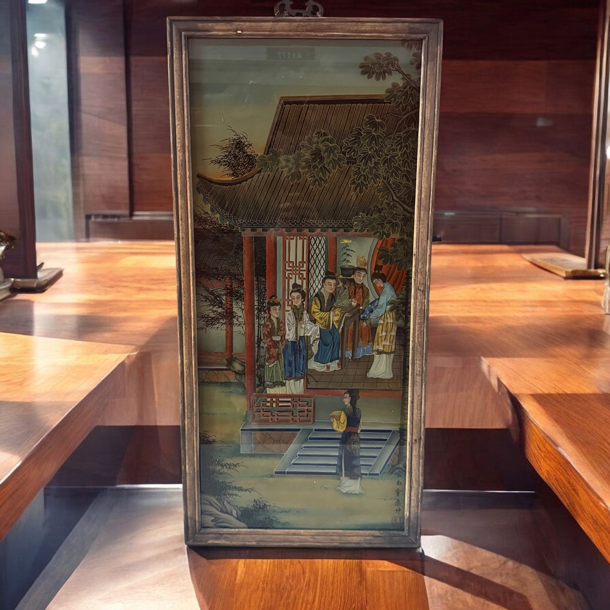 Antique Chinese Reverse Glass Painting - Dream of the Red Chamber Scene, Framed Court Life Depiction